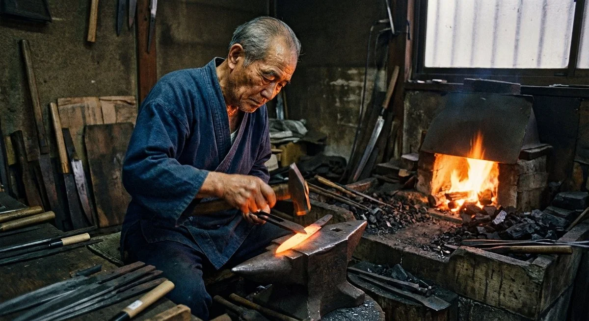 Artigiano giapponese che forgia un coltello Global con tecniche tradizionali