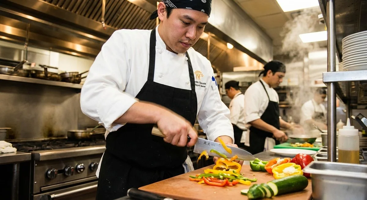 Chef professionisti che usano coltelli Global