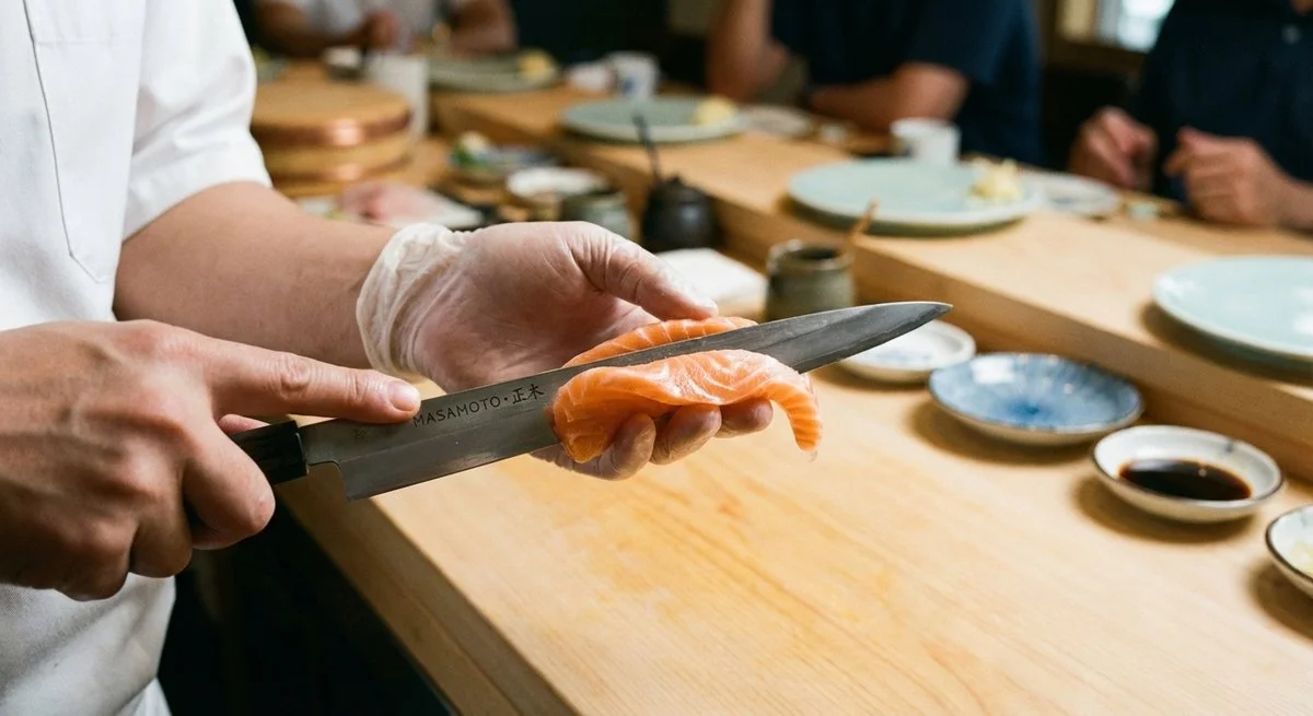 Chef che affetta sashimi con coltello Global Yanagiba