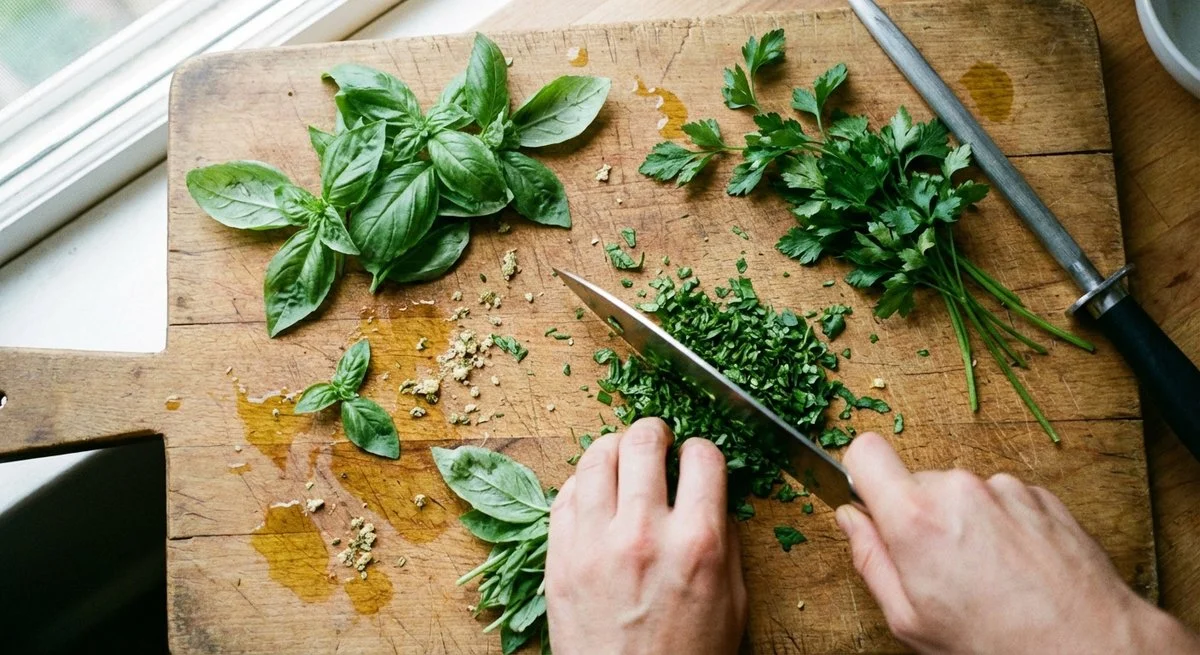 Preparazione di erbe aromatiche con coltello da chef Global