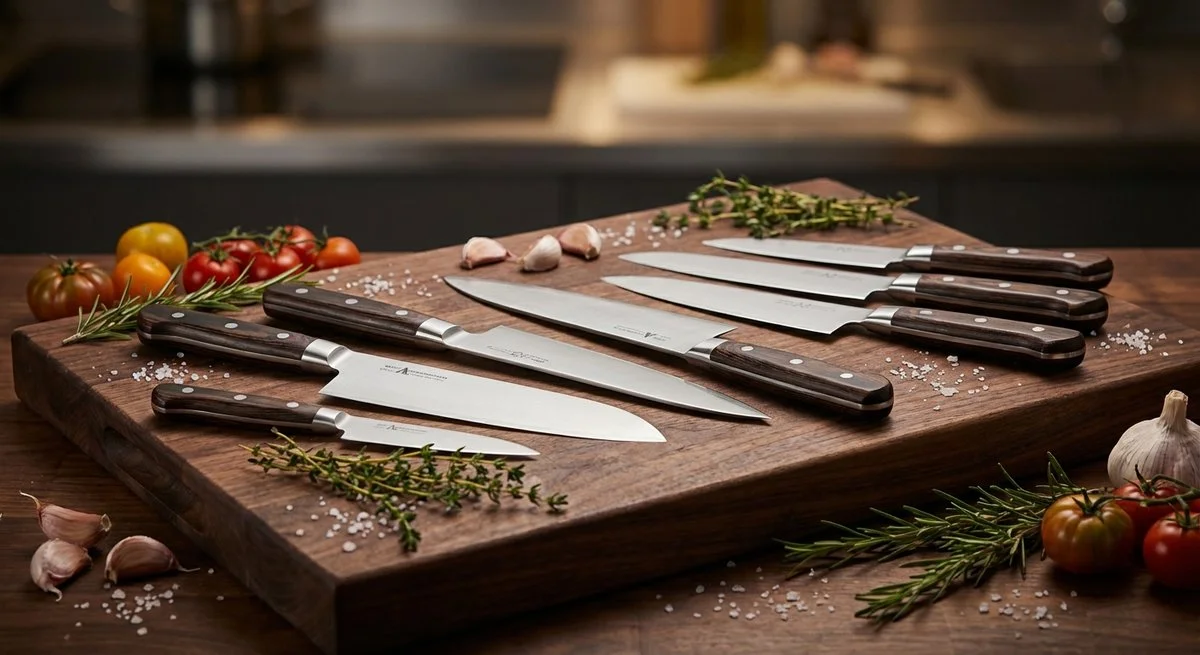 Coltelli professionali Global su tagliere in legno con ingredienti freschi