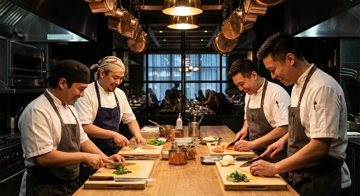 Chef professionisti soddisfatti che utilizzano coltelli Global in cucina