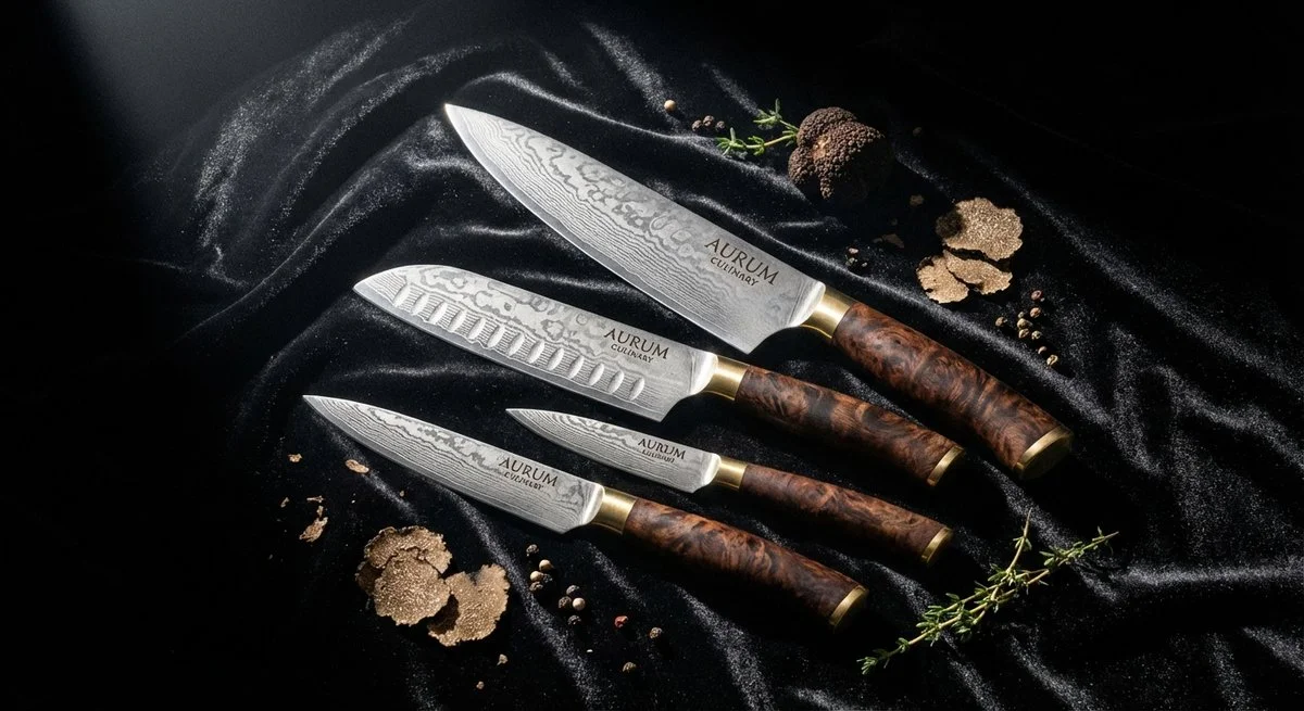 Set completo di coltelli Global professionali disposti elegantemente