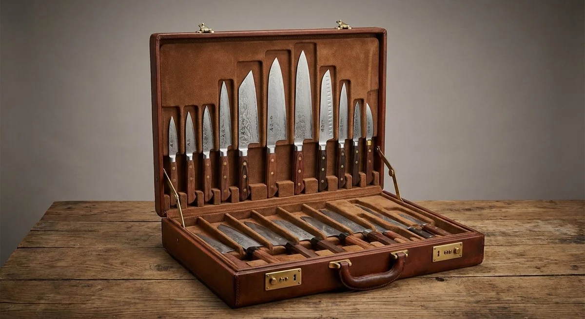 Valigetta professionale Global aperta con coltelli organizzati