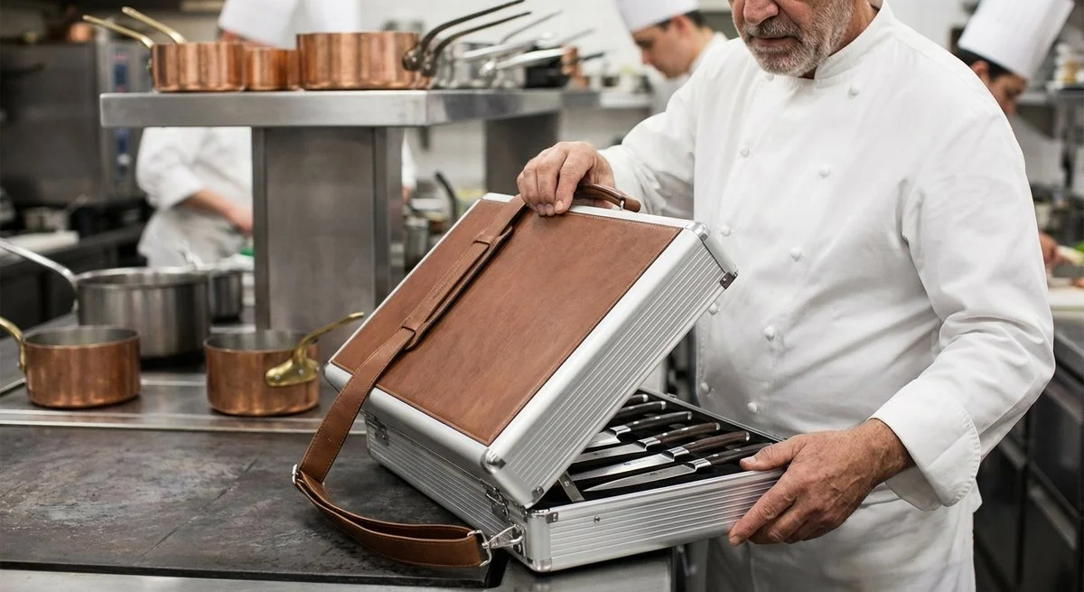 Chef professionista che utilizza set Global in cucina