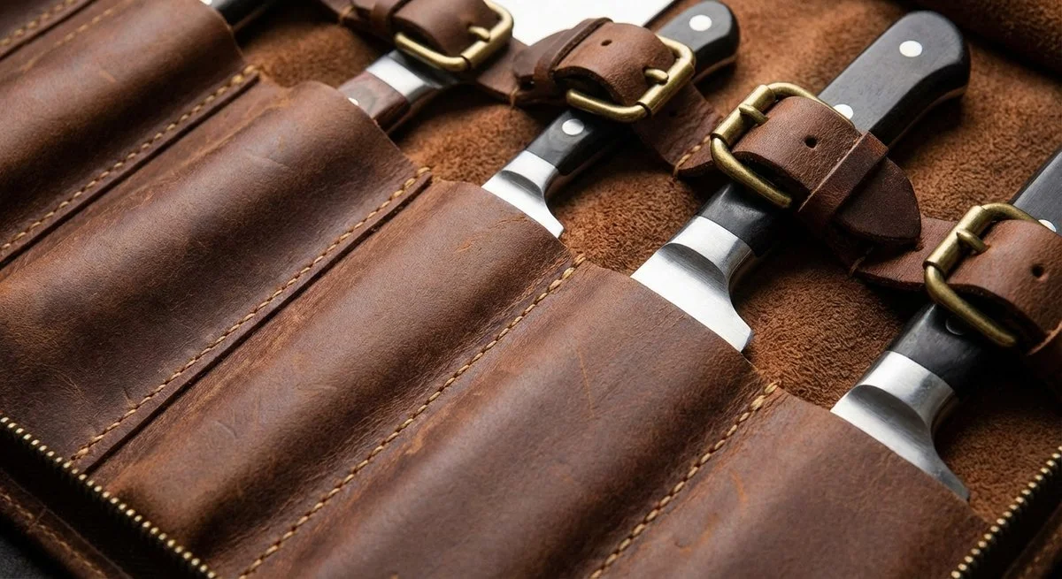 Dettaglio interno di valigetta Global con coltelli organizzati